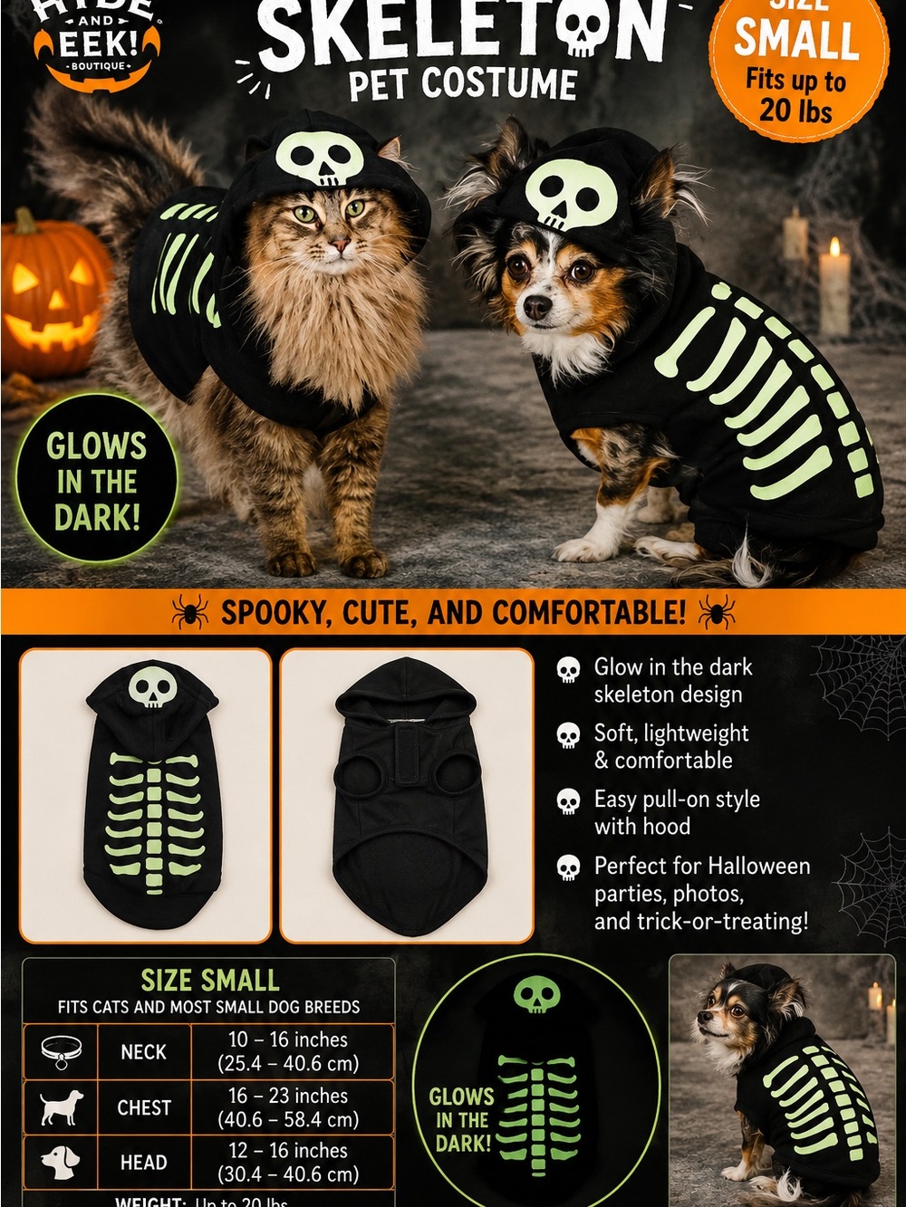 Hide & Eek! Glow-in-the-Dark Skeleton Pet Costume - Black - Small